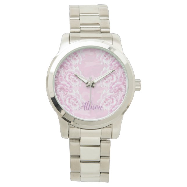 Romantic pale pink roses on pink camouflage  watch (Front)