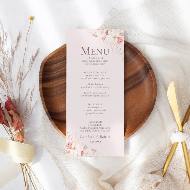 Romantic Pale Pink Roses Wedding Menu (Romantic Pale Pink Roses Wedding Menu Card on a boho wedding table.)