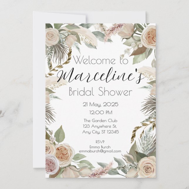 Romantic Pampas and Rose Bridal Shower Invite (Front)
