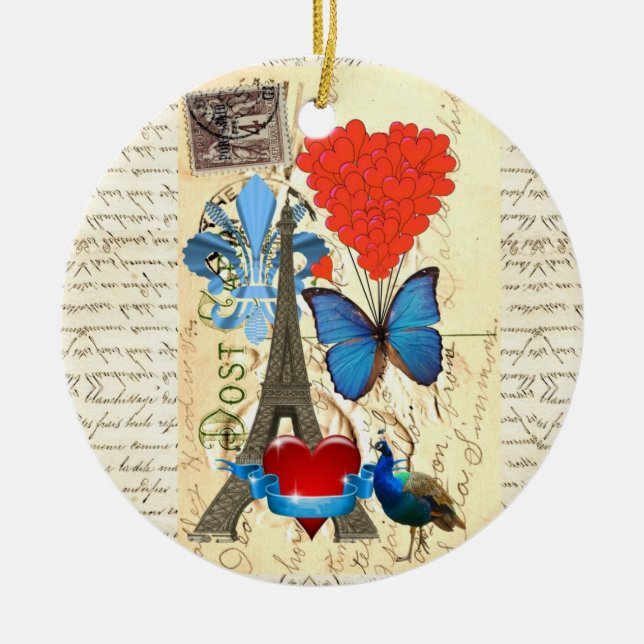 Romantic Paris collage Ceramic Tree Decoration (Front)