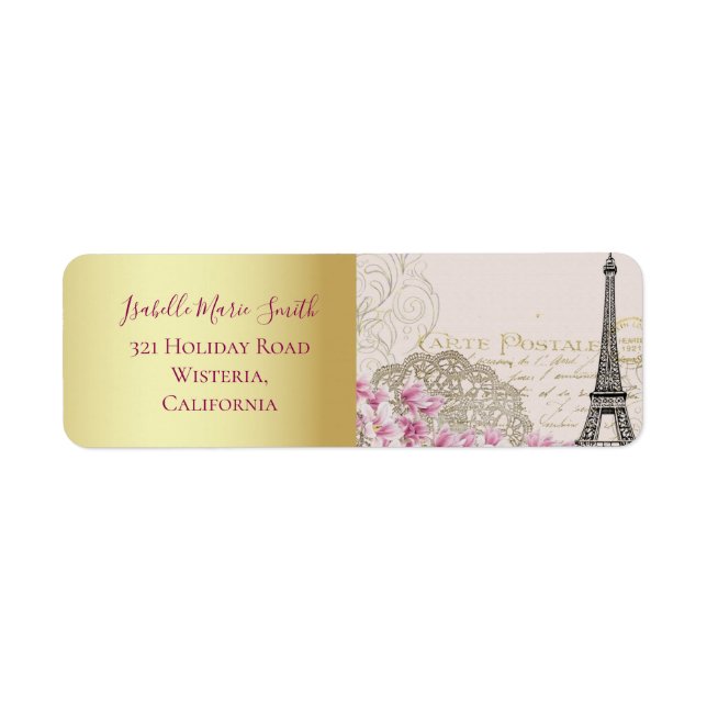 Romantic Paris Eiffel Tower Pink Blossoms Gold (Front)