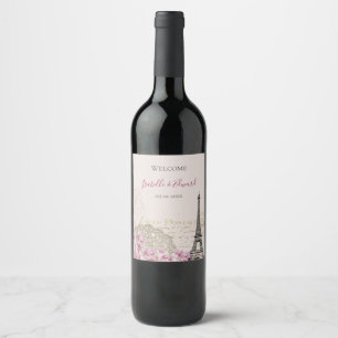 Romantic Paris Eiffel Tower Pink Spring Blossoms Wine Label