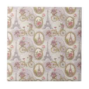 Romantic Paris Eiffel Tower & Roses Floral Design Tile