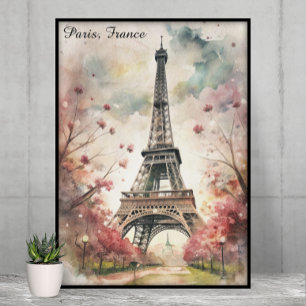 Romantic Paris Eiffel Tower Watercolor Floral Poster