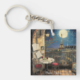 Romantic Paris France Eiffel Tower Illustration Key Ring