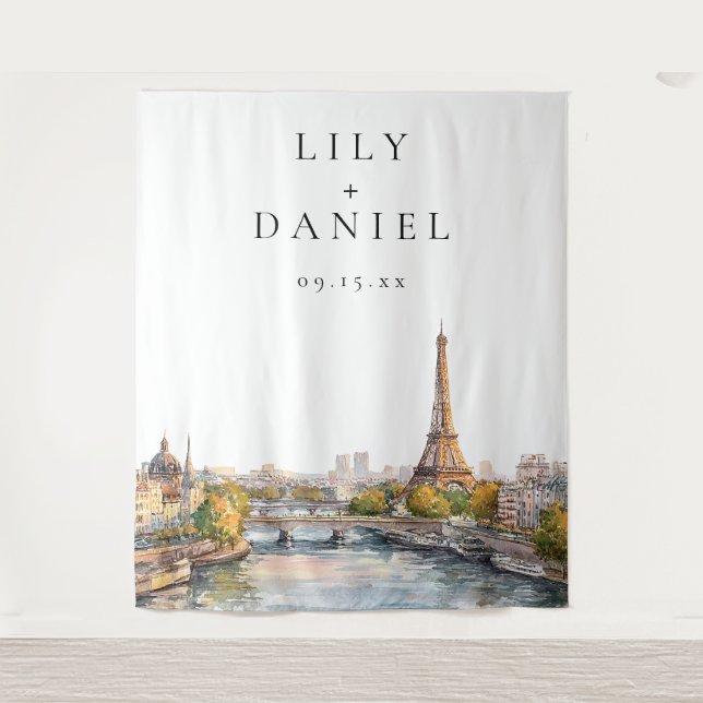 Romantic Paris France Wedding Photo Backdrop Tapestry (Front)