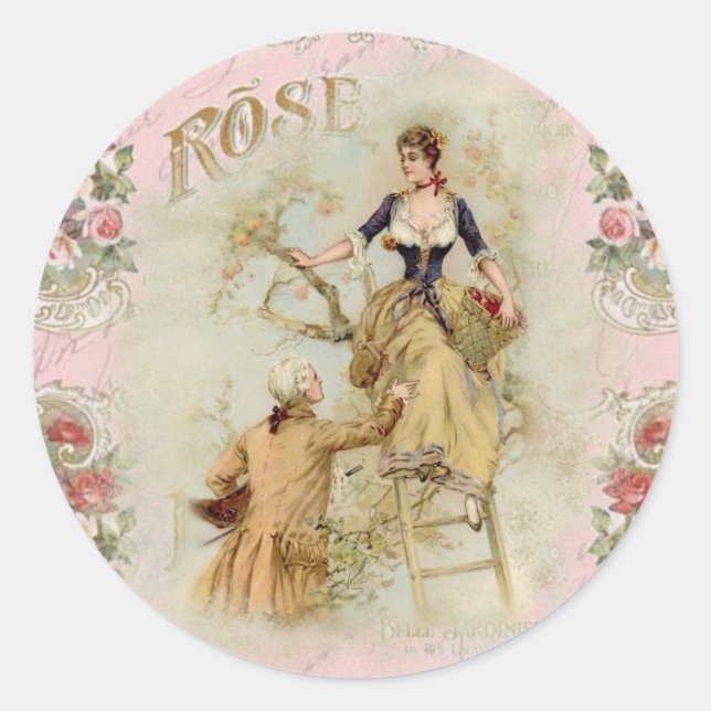 Romantic Paris Lovers pink shabbychic Classic Round Sticker (Front)