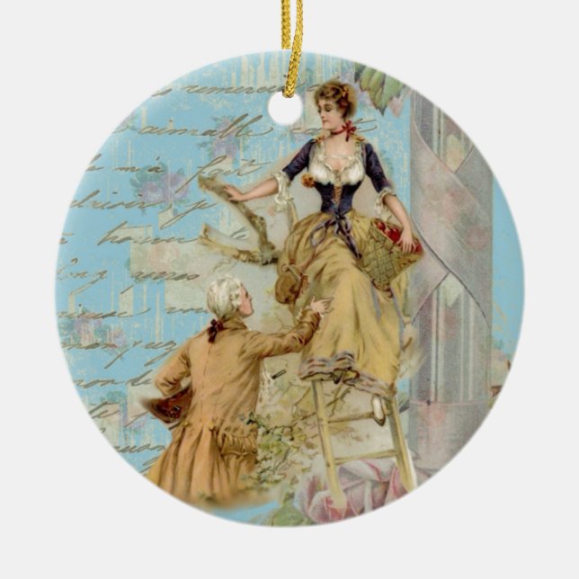 Romantic Paris Lovers Shabbychic blue Ceramic Tree Decoration (Front)