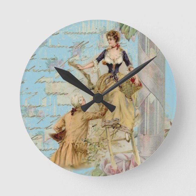 Romantic Paris Lovers Shabbychic blue Round Clock (Front)