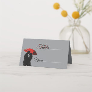 Romantic Parisian Red Umbrella Love Silhouette Place Card