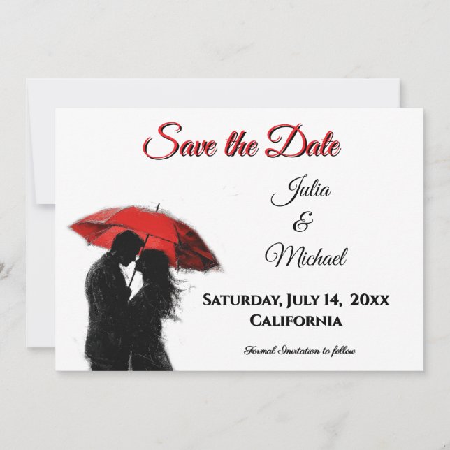  Romantic Parisian Red Umbrella  Love Silhouette Save The Date (Front)