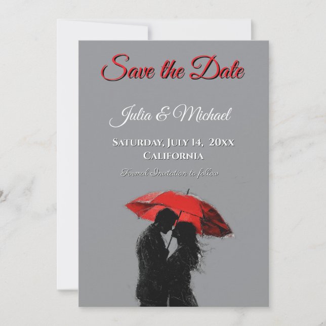  Romantic Parisian Red Umbrella  Love Silhouette Save The Date (Front)