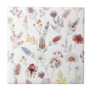 Romantic Pastel Australian Watercolor Wildflowers Tile