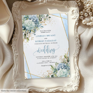 Romantic Pastel Blue Gold Flowers Wedding Invite