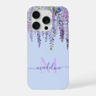 Romantic Pastel Blue Wisteria Monogram Script Name iPhone 15 Pro Case