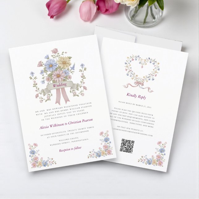 Romantic Pastel Floral all in one wedding qr code  Invitation (Creator Uploaded)