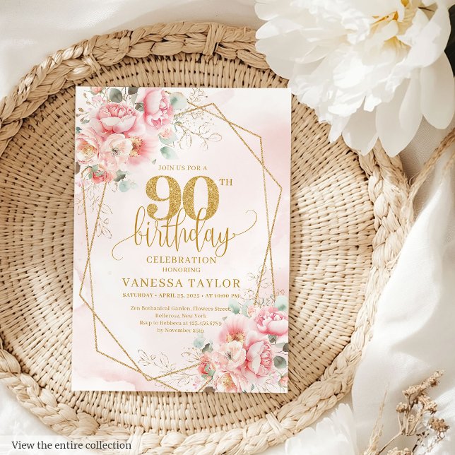 Romantic Pastel Pink Gold Peonies 90th Invitation (Romantic Pastel Pink Gold Peonies 90th Invitation)