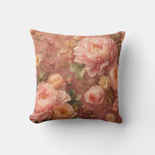 Romantic Pastel Pink Peonies & Roses Botanical Cushion