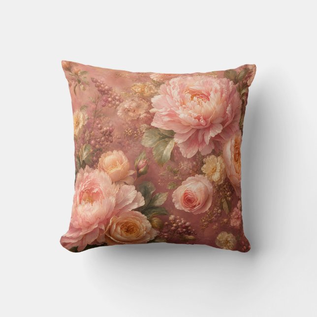 Romantic Pastel Pink Peonies & Roses Botanical  Cushion (Front)