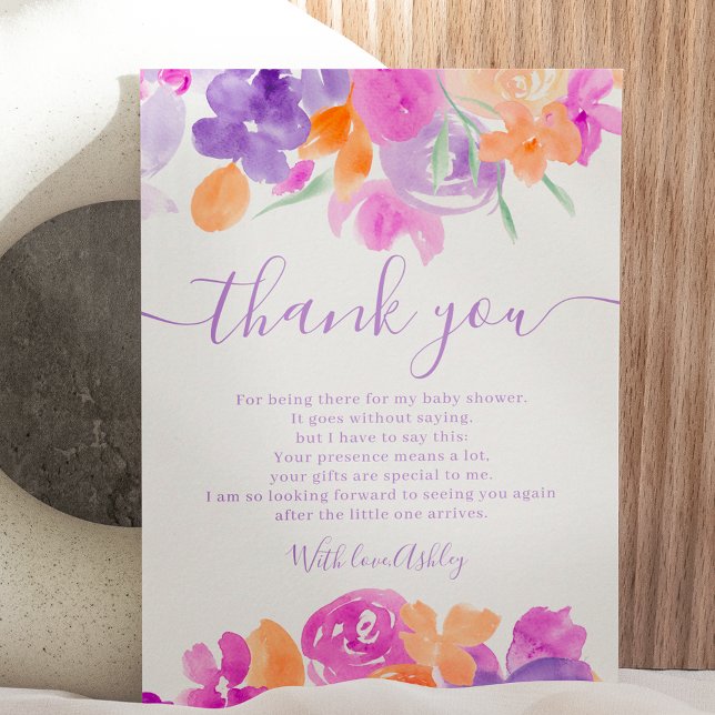 Romantic pastel purple orange floral baby shower thank you card (Creator Uploaded)
