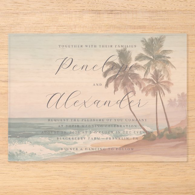 Romantic Pastel Watercolor Beach Scene Acrylic Invitations (Front)