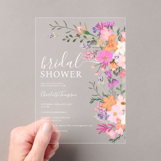 Romantic pastel wild flowers spring bridal shower  acrylic invitations (Insitu (Handheld))