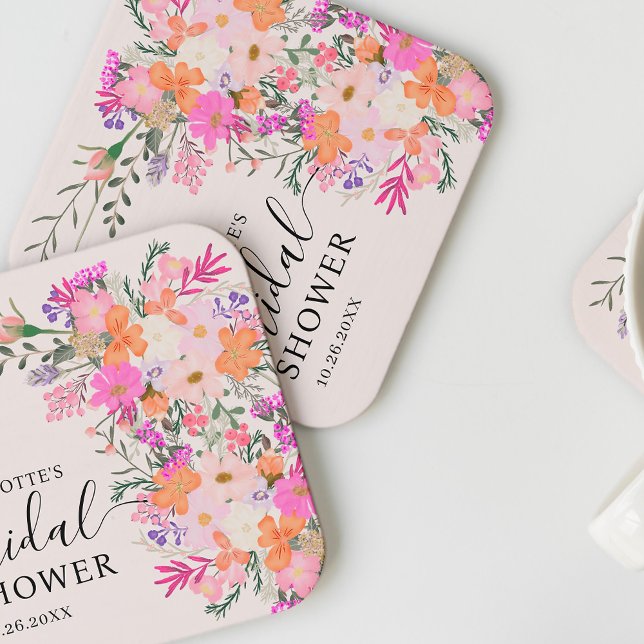 Romantic pastel wild flowers spring bridal shower square paper coaster (Romantic pastel wild flowers spring bridal shower square paper coaster)
