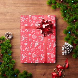 Romantic Pattern For You. White On Coral Red Wrapping Paper