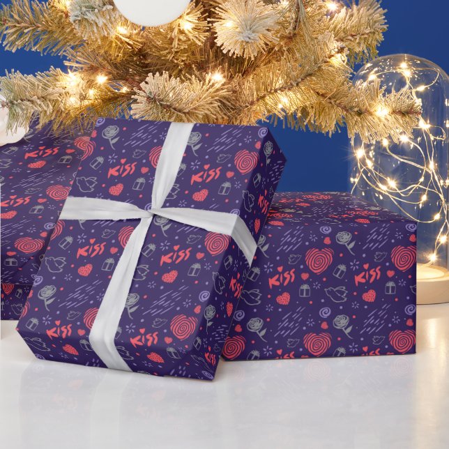 Romantic Pattern Kiss. Red, Grey On Purple Wrapping Paper (Holidays)