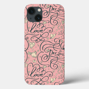 Romantic Pattern with Hearts and Birds iPhone 13 Case