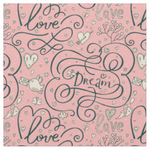 Romantic Pattern with Hearts and Birds Fabric