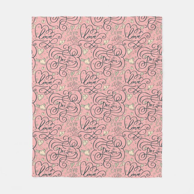 Romantic Pattern with Hearts and Birds Fleece Blanket (Front)