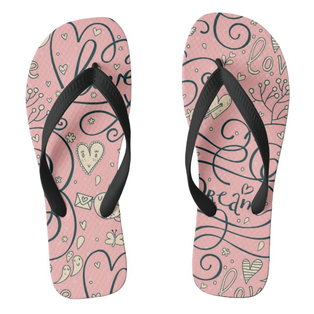 Romantic Pattern with Hearts and Birds Flip Flops (Footbed)