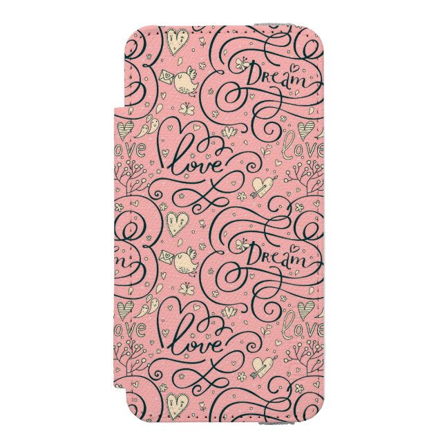 Romantic Pattern with Hearts and Birds Incipio iPhone Wallet Case (Folio Front)