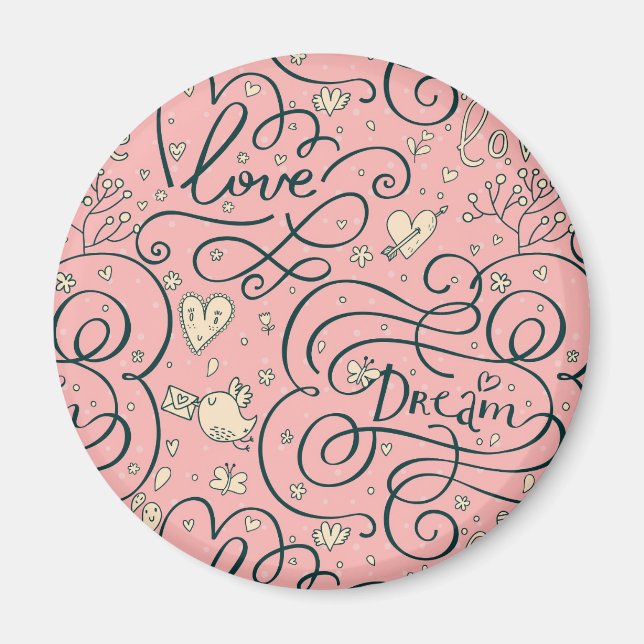 Romantic Pattern with Hearts and Birds Magnet (Front)