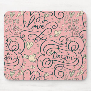 Romantic Pattern with Hearts and Birds Mouse Mat