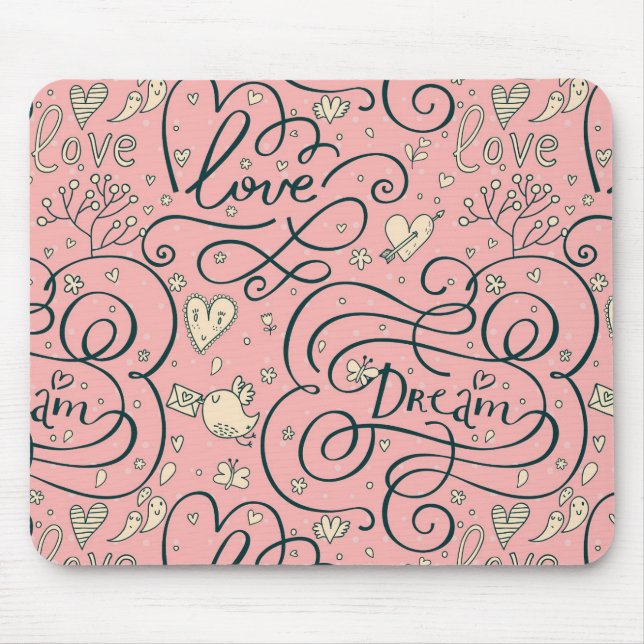 Romantic Pattern with Hearts and Birds Mouse Mat (Front)
