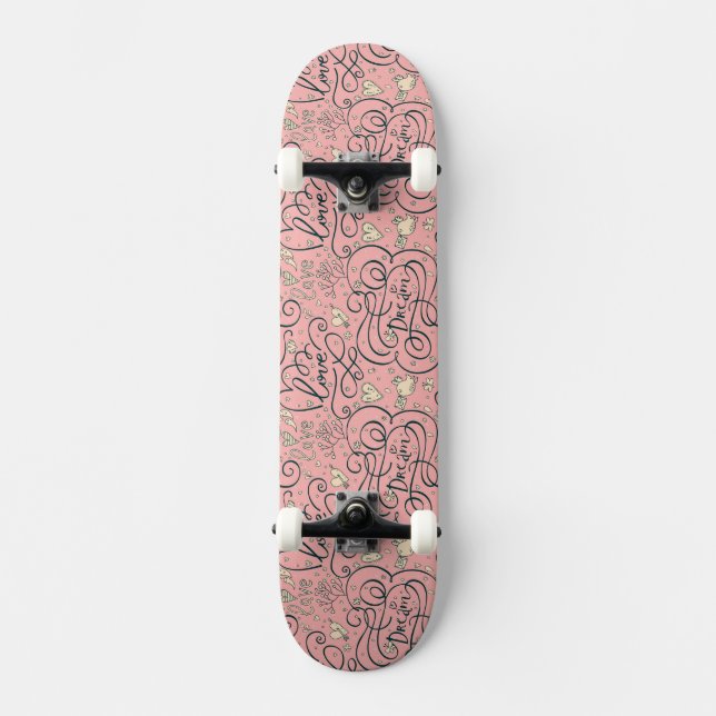 Romantic Pattern with Hearts and Birds Skateboard (Front)