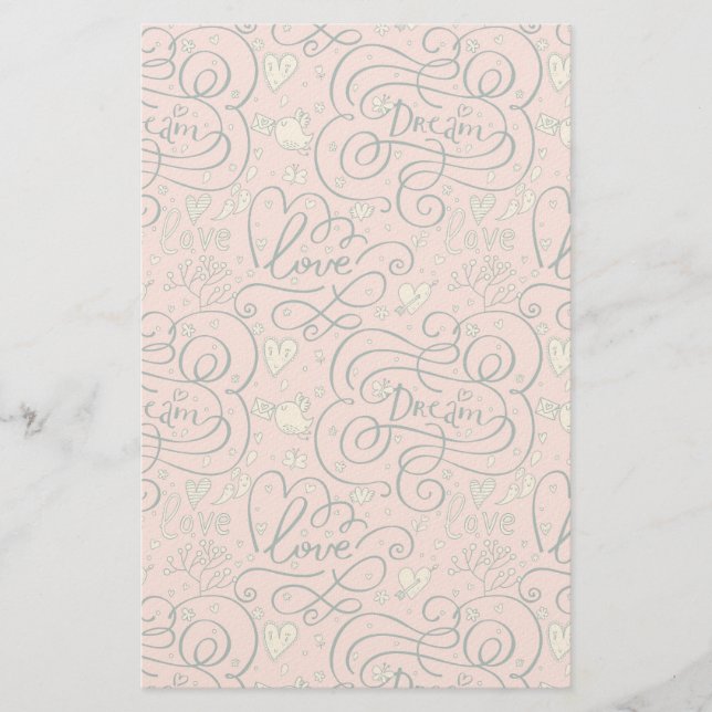 Romantic Pattern with Hearts and Birds Stationery (Front)