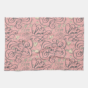 Romantic Pattern with Hearts and Birds Tea Towel