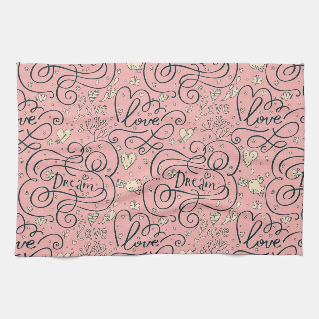 Romantic Pattern with Hearts and Birds Tea Towel (Horizontal)