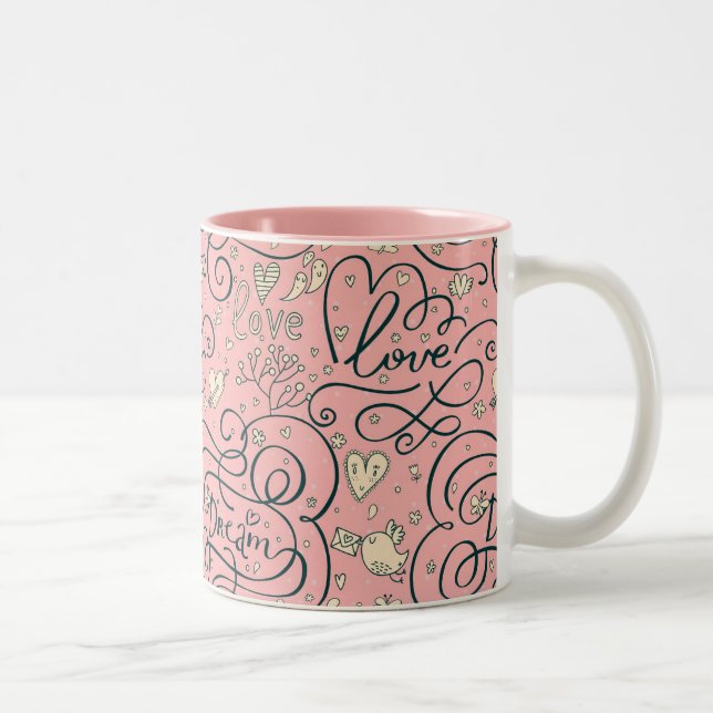 Romantic Pattern with Hearts and Birds Two-Tone Coffee Mug (Right)