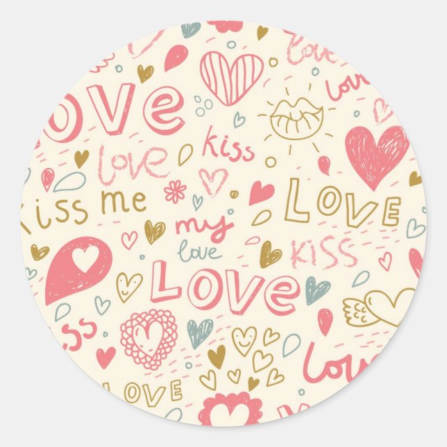 Romantic Pattern with Hearts and Lips Classic Round Sticker (Front)