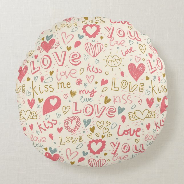 Romantic Pattern with Hearts and Lips Round Cushion (Front)