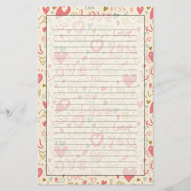 Romantic Pattern with Hearts and Lips Stationery (Front)