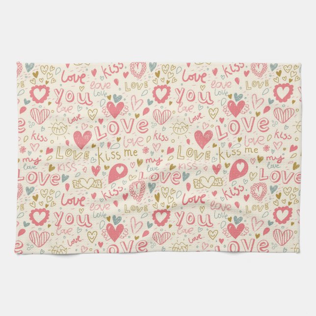 Romantic Pattern with Hearts and Lips Tea Towel (Horizontal)