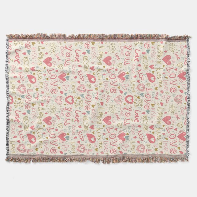 Romantic Pattern with Hearts and Lips Throw Blanket (Front)