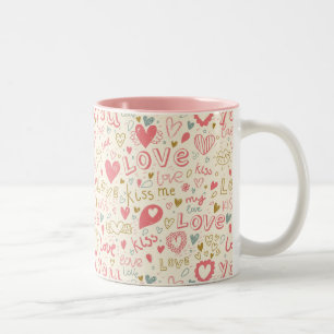 Romantic Pattern with Hearts and Lips Two-Tone Coffee Mug