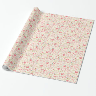 Romantic Pattern with Hearts and Lips Wrapping Paper