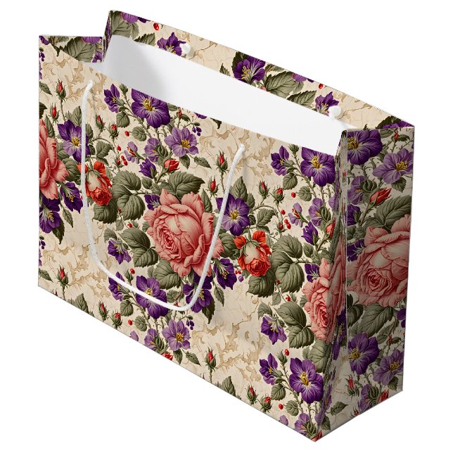 Romantic Peach and Coral Roses Large Gift Bag (Front Angled)